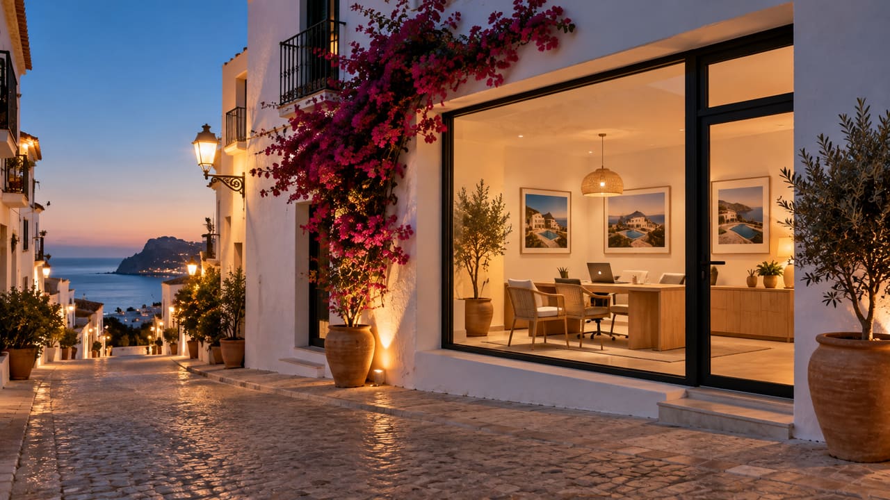 Small estate agency in a white coastal street at dusk, with warm light behind the window