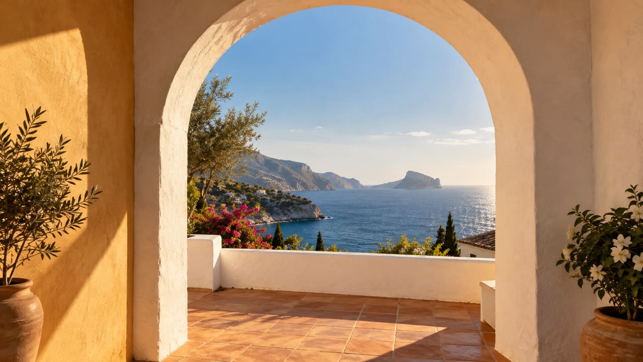 View through a whitewashed arch onto a terrace with terracotta tiles and the blue Mediterranean Sea