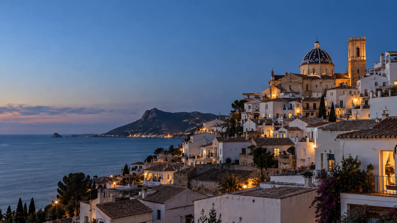 White hillside town on the Mediterranean at blue hour, with lit windows and a church dome with blue tiles