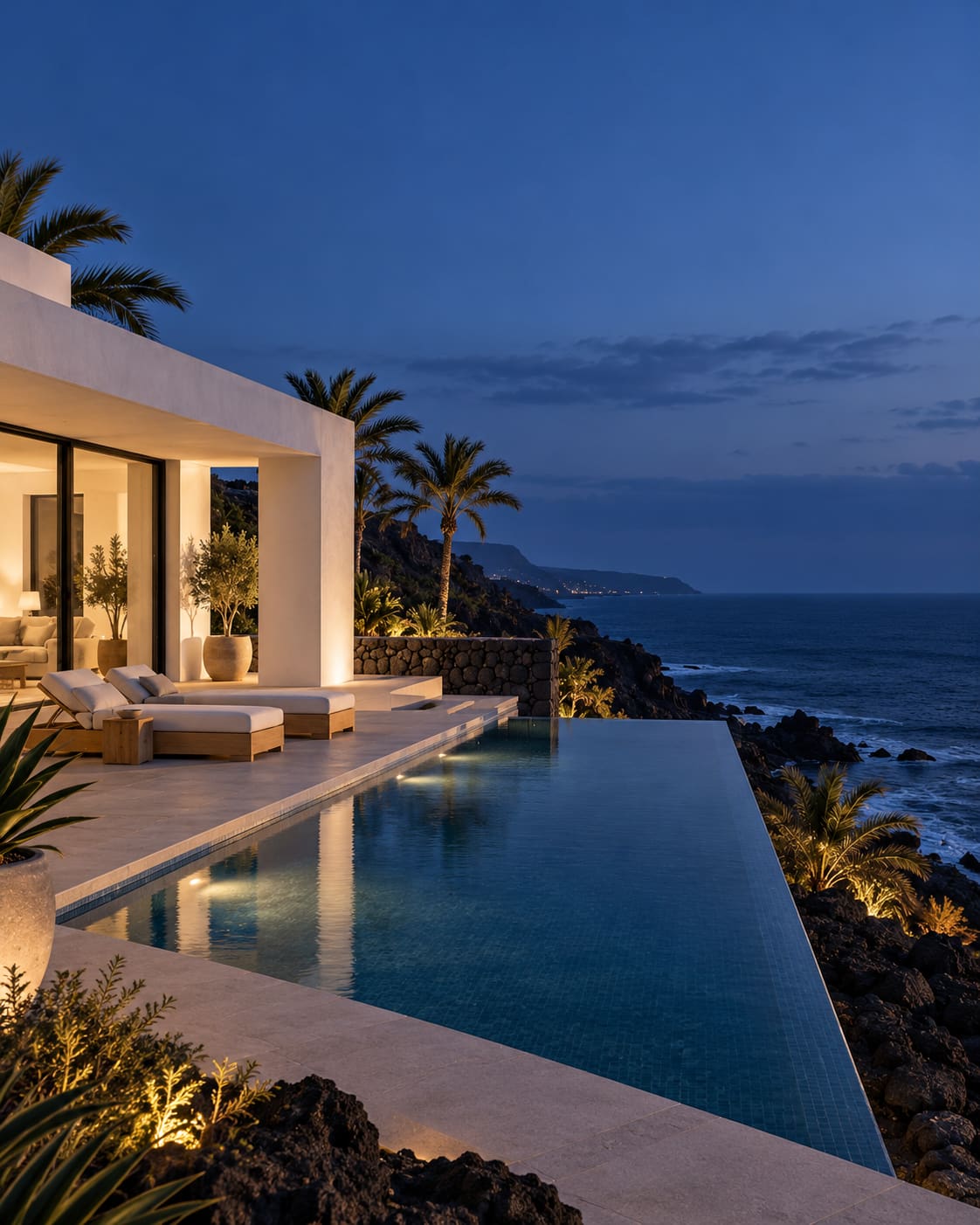 Moradia branca moderna com piscina infinita na costa vulcânica de Tenerife, à hora azul