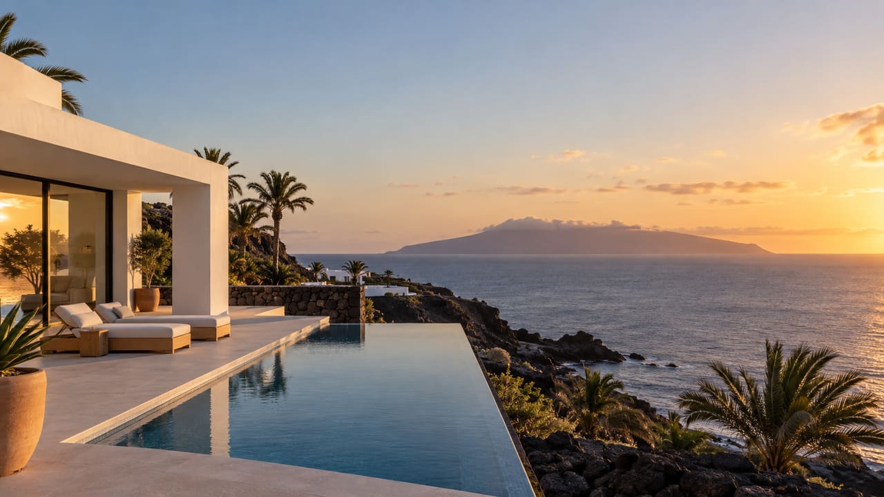 Modern white villa with an infinity pool on the volcanic coast of Tenerife at sunset