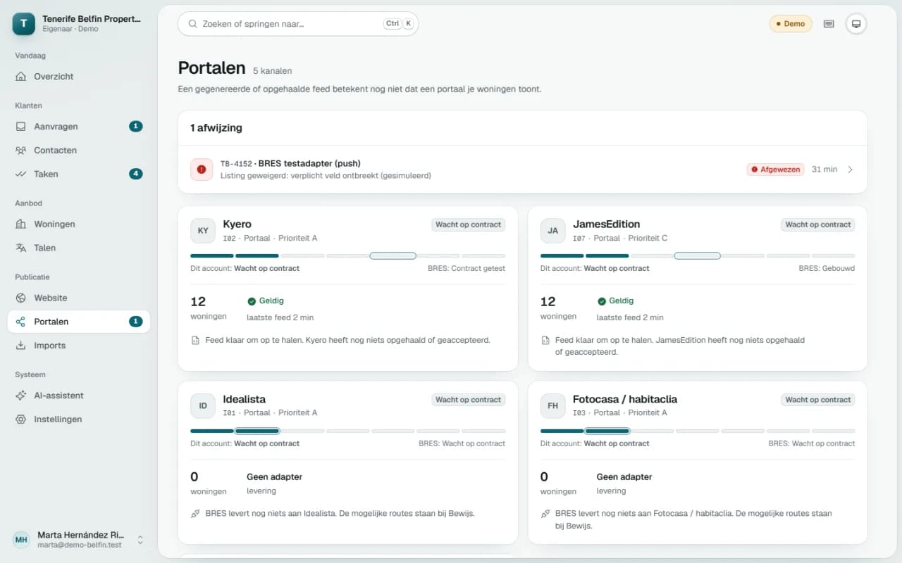 Portals screen in BRES with the status of Kyero, JamesEdition, Idealista and Fotocasa