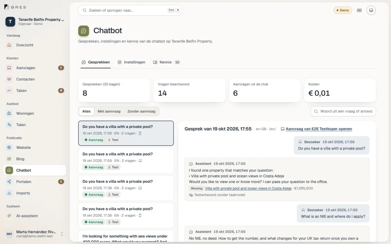 Ecrã do chatbot no BRES com conversas, perguntas feitas e pedidos vindos do chat