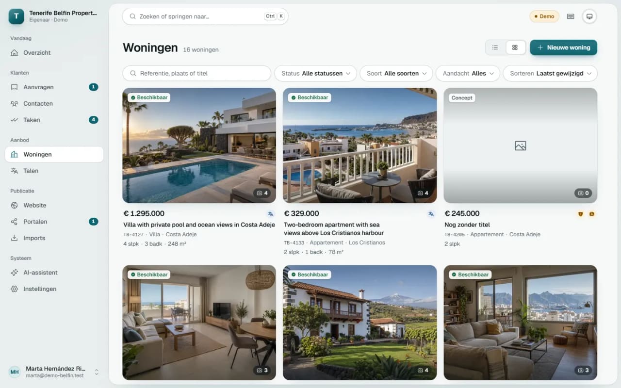 Property overview in BRES with photos, prices and status per property