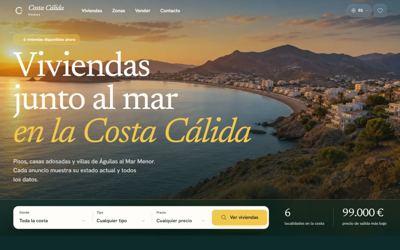 Page d’accueil du site de démonstration Costa Cálida Homes avec barre de recherche