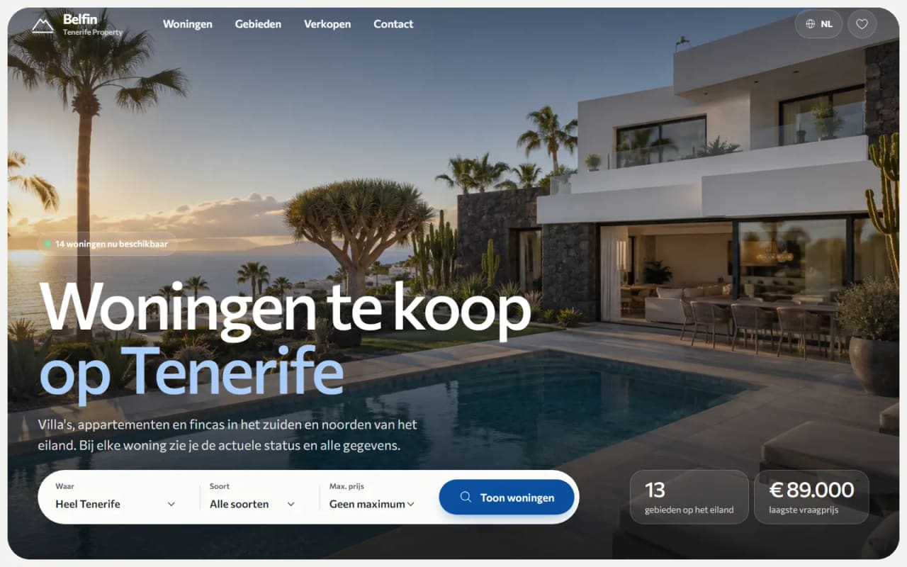 Home page of the demo site with a villa at sunset and a search bar