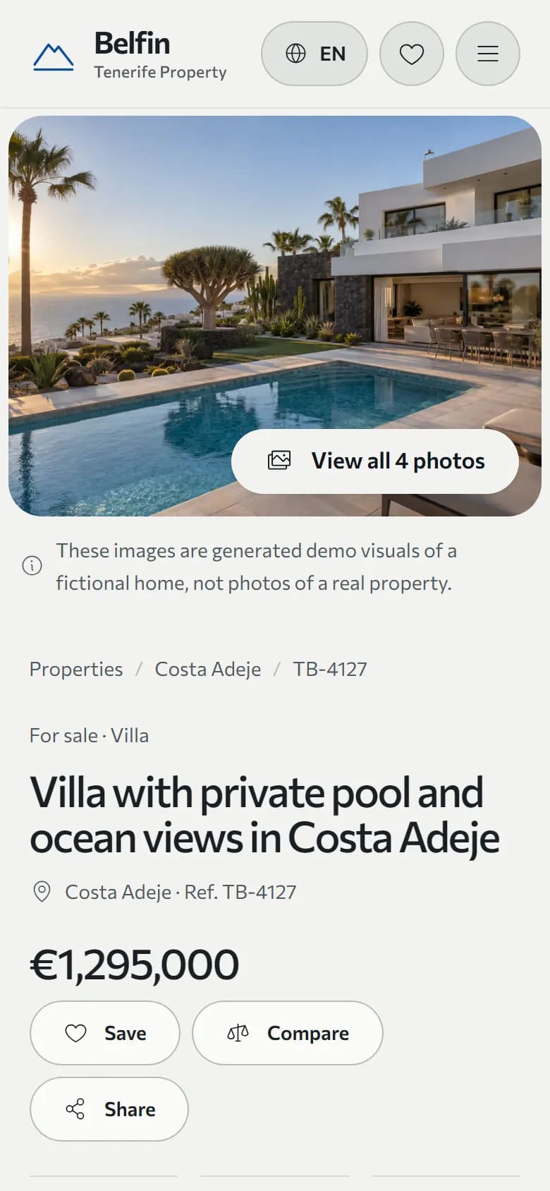 Property page of the demo site on a phone