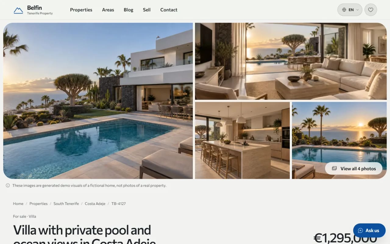 Fiche d’un bien sur le site de démonstration de Tenerife avec galerie et prix