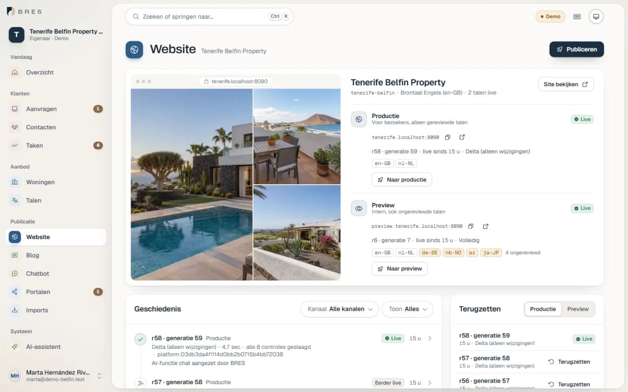 Website-Ansicht in BRES mit Produktion, Vorschau und Veröffentlichungsverlauf
