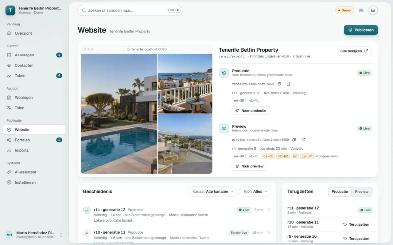 Website screen in BRES with production, preview and release history